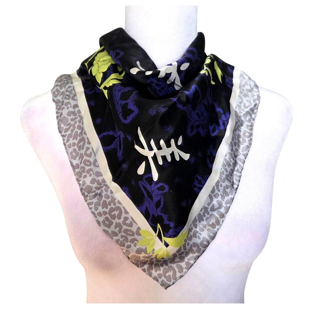 Vtg 100% Silk Scarf Navy Silver Chartreuse Floral 20" Square Hand Rolled Edge